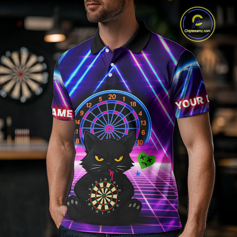 Dark Cat & Neon Electric Men's Darts Shirt - Custom Name For Dart Players NYN0416