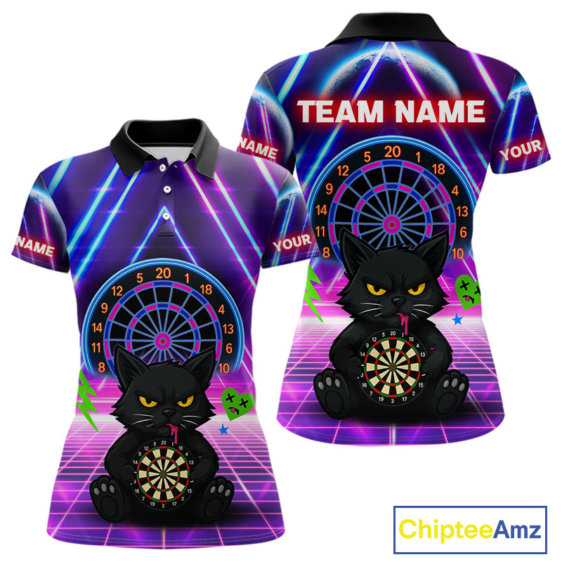 Dark Cat & Neon Electric Women's Darts Shirt - Custom Name For Dart Players NYN0416