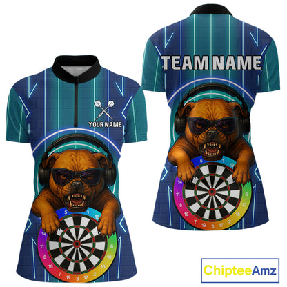 Darts & Cool Bulldog Tech Neon Women's Darts Shirt - Custom Name For Dart Players NYN0418