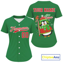 Load image into Gallery viewer, Custom Green Penguin Christmas Women's Baseball Jersey Baseball Gifts For Xmas Holiday NYN1302