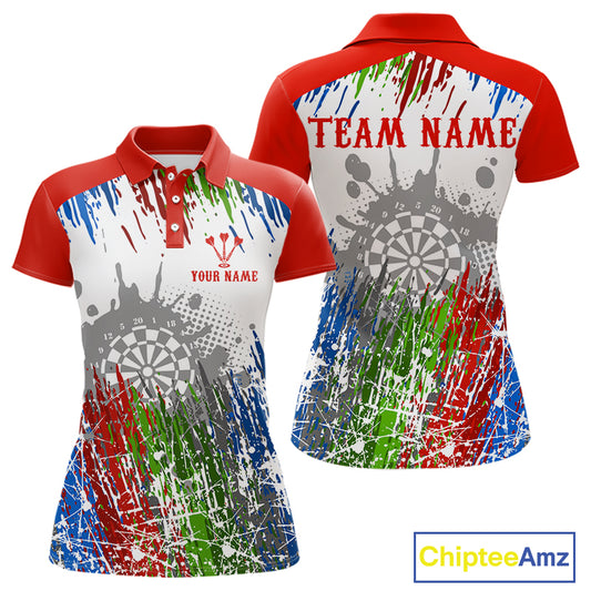 Dartboard Colorful Splashed Women's Darts Shirt - Custom Name For Players | Opt1 - Red NYN0683