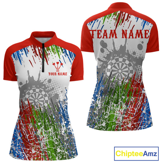 Dartboard Colorful Splashed Women's Darts Shirt - Custom Name For Players | Opt1 - Red NYN0683