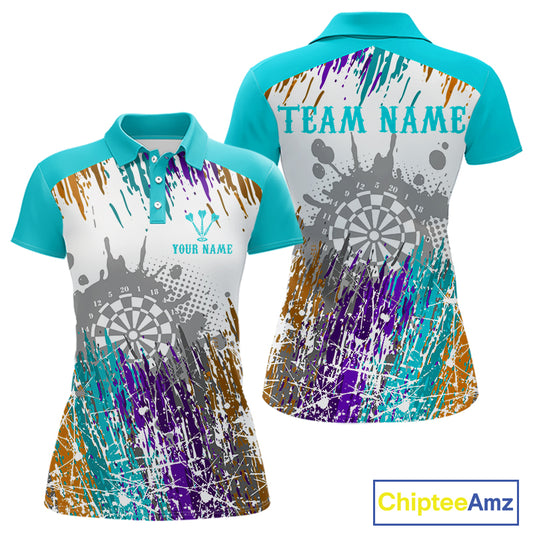 Dartboard Colorful Splashed Women's Darts Shirt - Custom Name For Players | Opt2 - Turquoise NYN0684