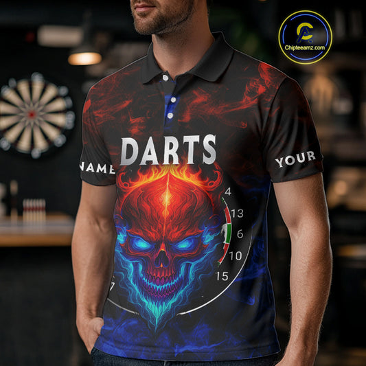 Flame Skull Dartboard Men's Darts Polo Shirt - Custom Name For Players NYN0745