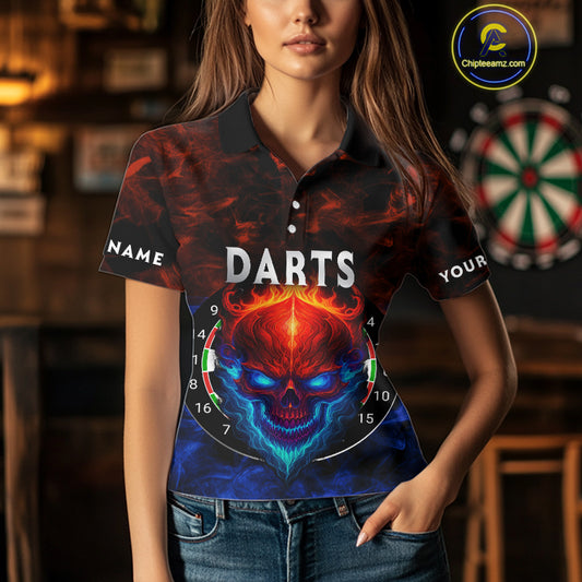 Flame Skull Dartboard Women's Darts Polo Shirt - Custom Name For Players NYN0745