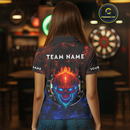 Flame Skull Dartboard Women's Darts Polo Shirt - Custom Name For Players NYN0745