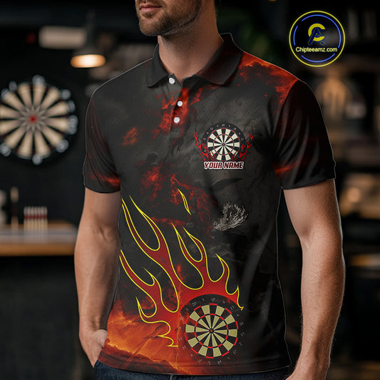 Flaming Dartboard Grunge Custom Red Dart Polo Shirts For Men, Dart Team Jerseys NYN0793