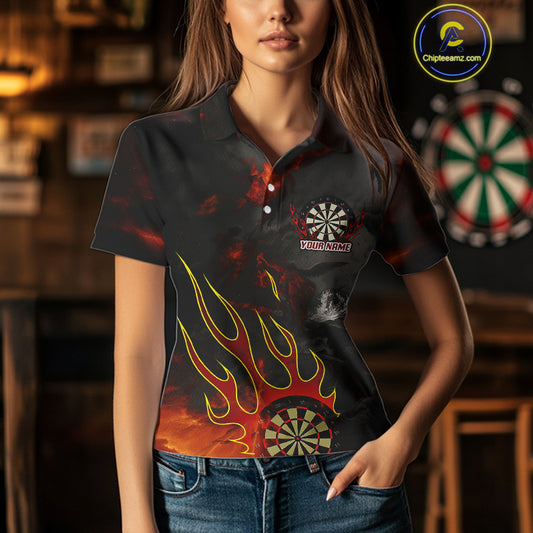 Flaming Dartboard Grunge Custom Red Dart Polo Shirts For Women, Dart Team Jerseys NYN0793