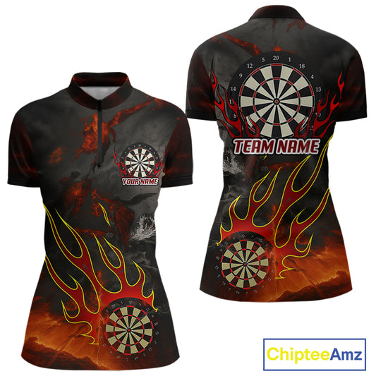 Flaming Dartboard Grunge Custom Red Dart 1/4-Zip Shirts For Women, Dart Team Jerseys NYN0793