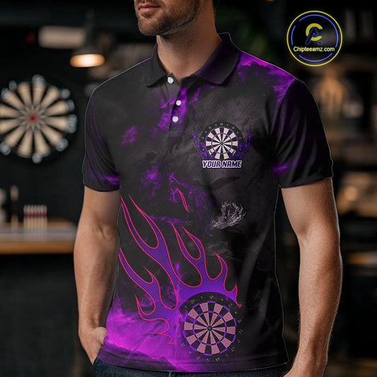 Flaming Dartboard Grunge Custom Purple Dart Polo Shirts For Men, Dart Team Jerseys NYN0794
