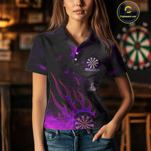 Load image into Gallery viewer, Flaming Dartboard Grunge Custom Purple Dart Polo Shirts For Women, Dart Team Jerseys NYN0794
