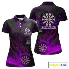 Load image into Gallery viewer, Flaming Dartboard Grunge Custom Purple Dart Polo Shirts For Women, Dart Team Jerseys NYN0794
