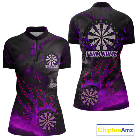 Flaming Dartboard Grunge Custom Purple Dart 1/4-Zip Shirts For Women, Dart Team Jerseys NYN0794