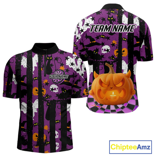 Pumpkin & Dartboard Custom Funny Halloween Dart 1/4-Zip Shirts For Men, Dart Team Jerseys NYN0806