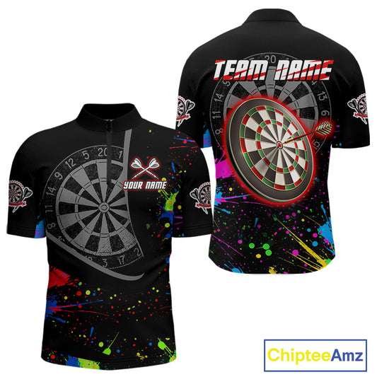 Red Dartboard Multicolored Splashes Men's Darts Shirt - Custom Name For Players NYN0494