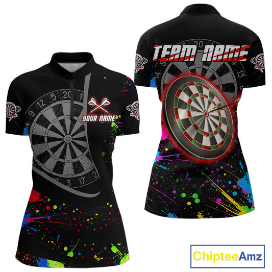 Red Dartboard Multicolored Splashes Women's Darts Shirt - Custom Name For Players NYN0494