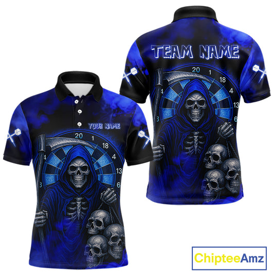 Grim Reaper With Skulls Navy Smoke Men's Darts Team Shirt - Custom Name For Players NYN0501