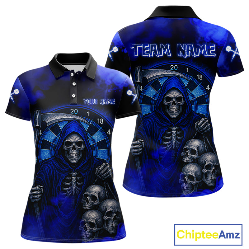 Grim Reaper With Skulls Navy Smoke Women's Darts Team Shirt - Custom Name For Players NYN0501