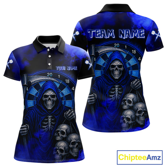 Grim Reaper With Skulls Navy Smoke Women's Darts Team Shirt - Custom Name For Players NYN0501