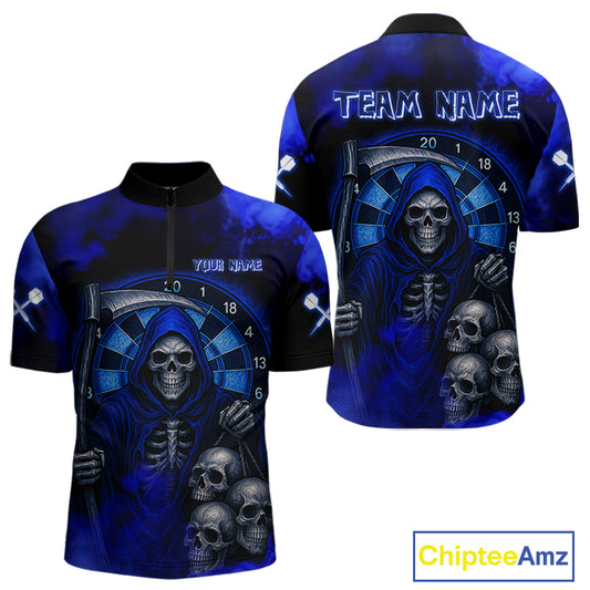 Grim Reaper With Skulls Navy Smoke Men's Darts Team Shirt - Custom Name For Players NYN0501