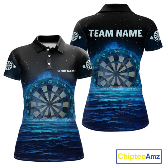 Women’s Personalized Darts Shirts With Navy Ocean, Stars Sky And Glowing Dartboard NYN0259