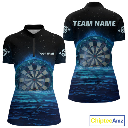 Women’s Personalized Darts Shirts With Navy Ocean, Stars Sky And Glowing Dartboard NYN0259