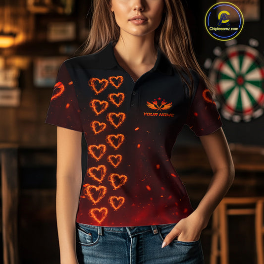 Flame Heart Dart Arrow Women's Darts Shirt Polo Jersey Custom Name For Players NYN0737