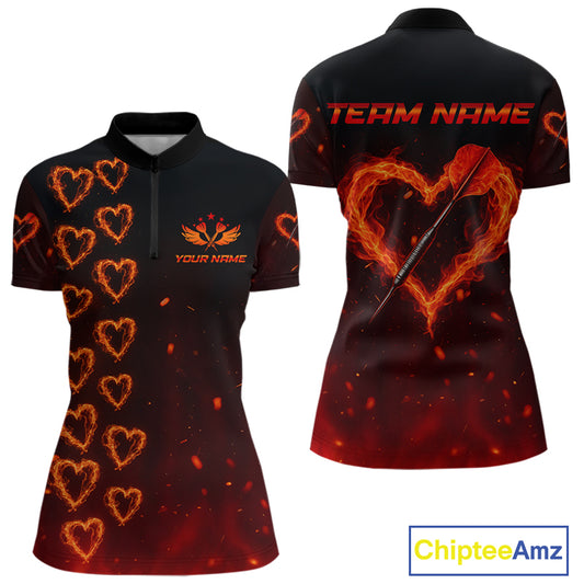 Flame Heart Dart Arrow Women's Darts Shirt Quarter-Zip Jersey Custom Name For Players NYN0737