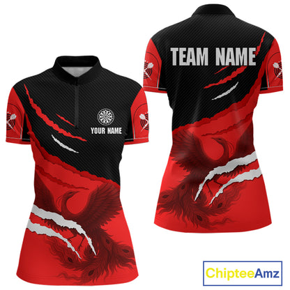 Custom Dart Team Shirt For Women With Crimson Phoenix On Black Linear Pattern NYN0277