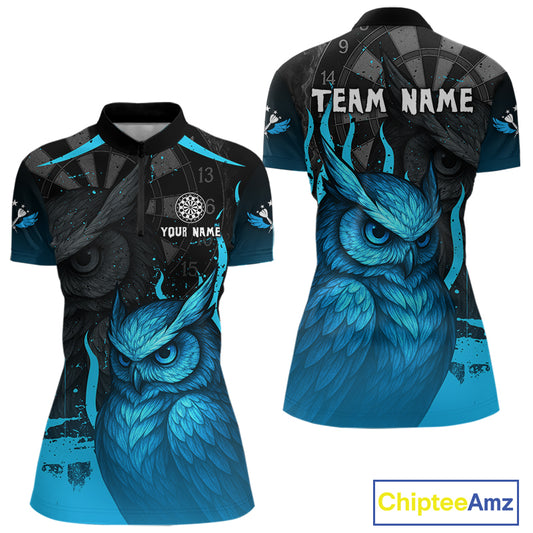 Women’s Darts Shirt With Navy Owl And Grunge Dartboard, Custom Name Option NYN0305