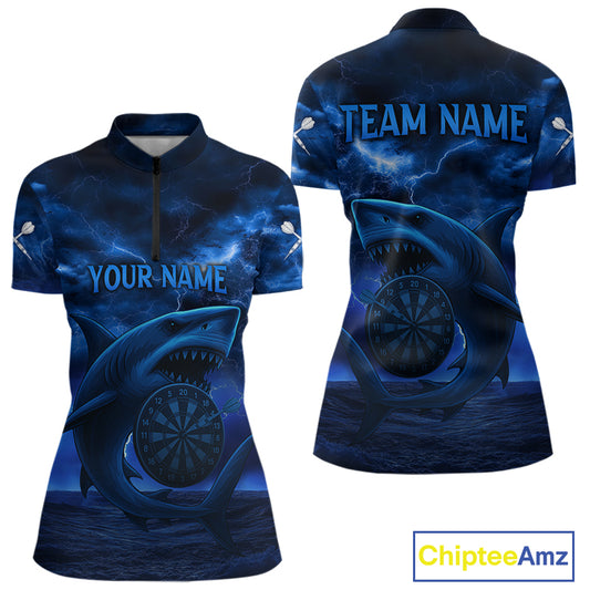 Women's Custom Darts Shirt - Cobalt Lightning Shark In Ocean With Dartboard And Arrow NYN0330