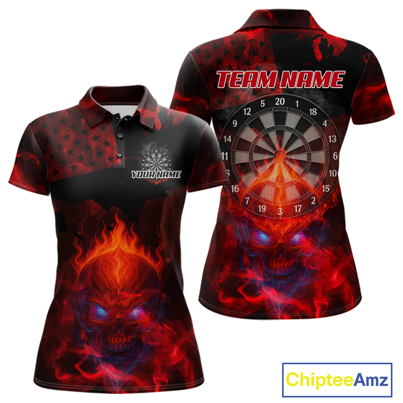 US Flag & Skull Custom Patriotic Red Dart Polo Shirts For Women, Dart Team Jerseys NYN0785