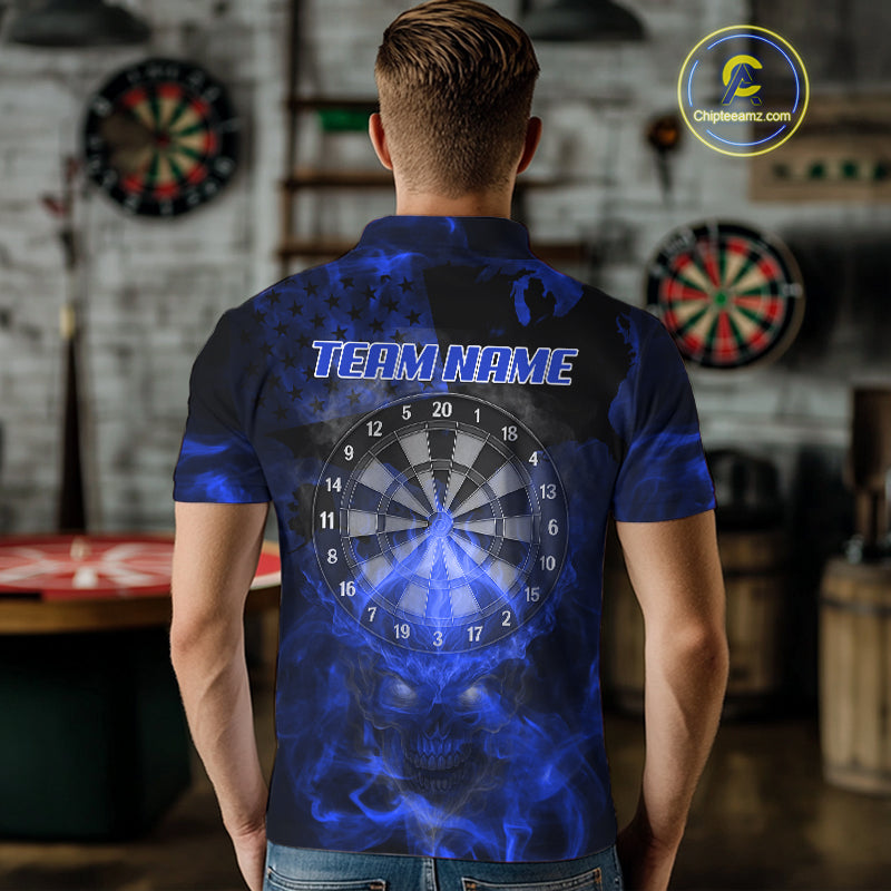 US Flag & Skull Custom Patriotic Blue Dart Polo Shirts For Men, Dart Team Jerseys NYN0787