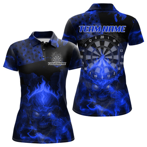 US Flag & Skull Custom Patriotic Blue Dart Polo Shirts For Women, Dart Team Jerseys NYN0787