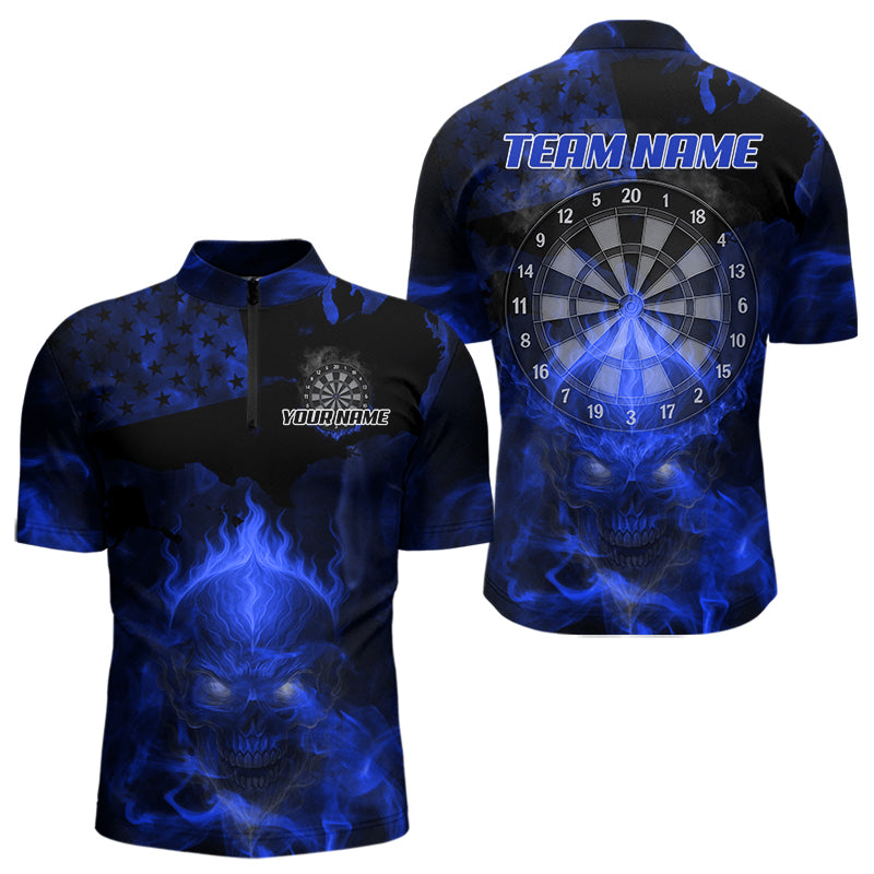 US Flag & Skull Custom Patriotic Blue Dart 1/4-Zip Shirts For Men, Dart Team Jerseys NYN0787