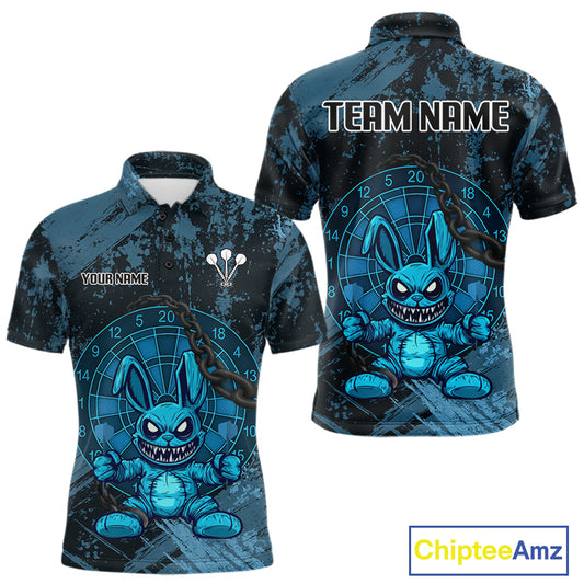 Crazy Rabbit Dartboard Arrows Grunge Darts Shirt For Men - Custom Name & Team | Opt1 - Blue NYN0628