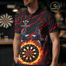 Load image into Gallery viewer, Flaming Darts &amp; US Flag Eagle Men's Red Darts Polo Shirt - Custom Name For Dart Players NYN0802