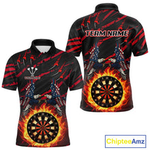 Load image into Gallery viewer, Flaming Darts &amp; US Flag Eagle Men's Red Darts Polo Shirt - Custom Name For Dart Players NYN0802