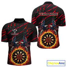 Load image into Gallery viewer, Flaming Darts &amp; US Flag Eagle Men's Red Darts 1/4-Zip Shirt - Custom Name For Dart Players NYN0802