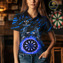 Load image into Gallery viewer, Flaming Darts &amp; US Flag Eagle Women&#39;s Blue Darts Polo Shirt - Custom Name For Dart Players NYN0803
