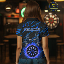 Load image into Gallery viewer, Flaming Darts &amp; US Flag Eagle Women&#39;s Blue Darts Polo Shirt - Custom Name For Dart Players NYN0803