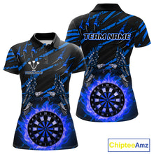 Load image into Gallery viewer, Flaming Darts &amp; US Flag Eagle Women&#39;s Blue Darts Polo Shirt - Custom Name For Dart Players NYN0803