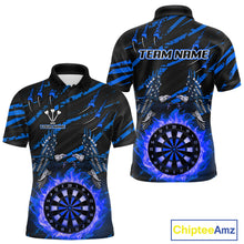 Load image into Gallery viewer, Flaming Darts &amp; US Flag Eagle Men's Blue Darts Polo Shirt - Custom Name For Dart Players NYN0803