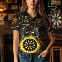 Load image into Gallery viewer, Flaming Darts &amp; US Flag Eagle Women&#39;s Yellow Darts Polo Shirt - Custom Name For Dart Players NYN0804