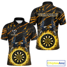 Load image into Gallery viewer, Flaming Darts &amp; US Flag Eagle Men's Yellow Darts Polo Shirt - Custom Name For Dart Players NYN0804