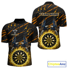Load image into Gallery viewer, Flaming Darts &amp; US Flag Eagle Men's Yellow Darts 1/4-Zip Shirt - Custom Name For Dart Players NYN0804