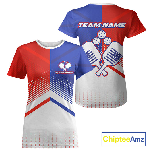 Custom Red & Blue Patriotic Pickleball T-Shirt For Women US Flag Pickleball Paddle Jerseys NYN1298