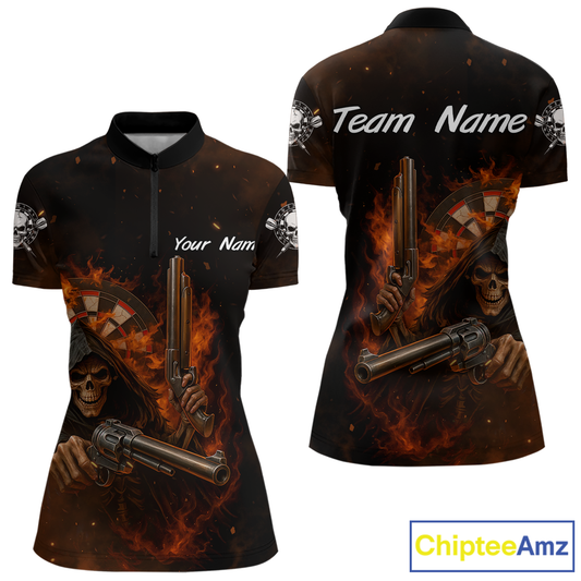 Flaming Grim Reaper Custom Name Darts Jersey For Women Skull Darts Shirt For Players NYN0447