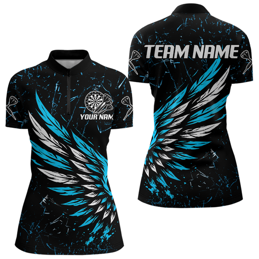 Custom White-Blue Wings Grunge Style Dart Shirt For Women, Dart Team Jerseys NYN0110