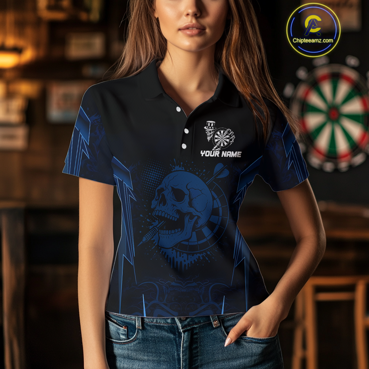 USA Gothic Skull Dartboard Women's Darts Team Shirt - Custom Name For Players NYN0480